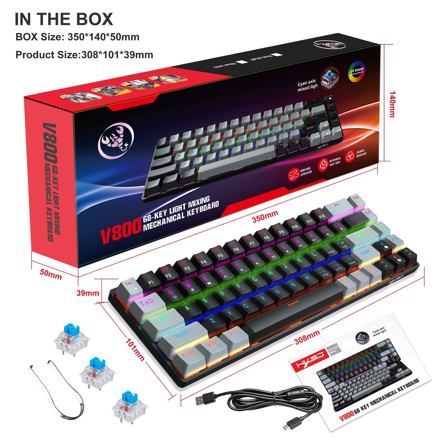 68 keys, 60% keyboard, customized color blocked keycaps, RGB mechanical keyboard, MINI set, plug-in blue axis ice blue disc - Korvel