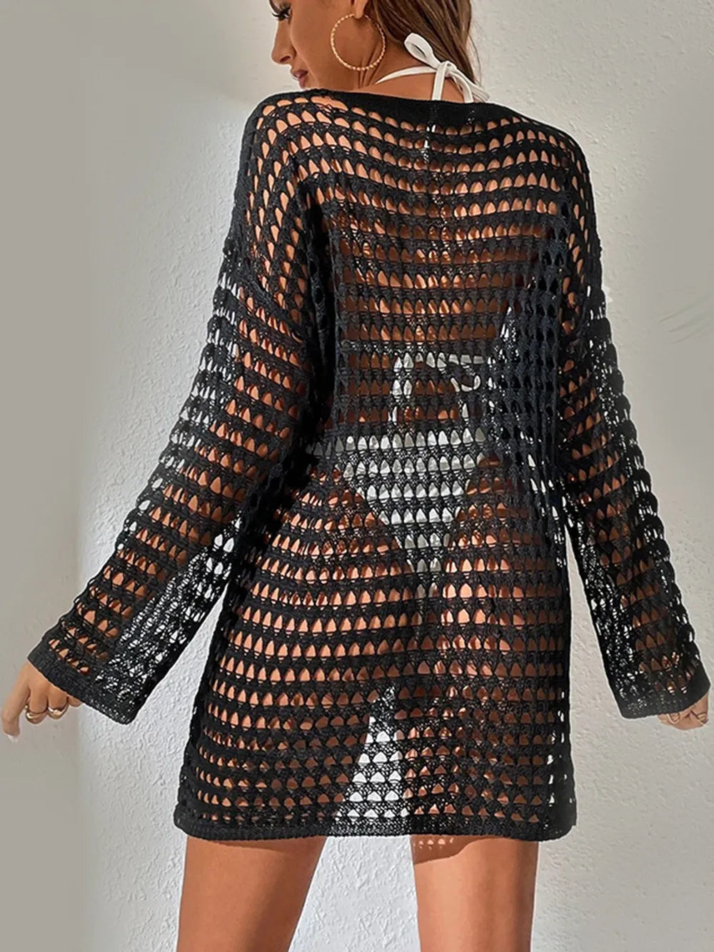 Knitted hollowed out pullover round neck long sleeved bikini swimsuit cover - Korvel