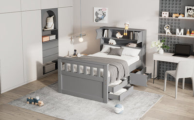 Twin Size Captain Platform Bed Frame with Storage in Gray