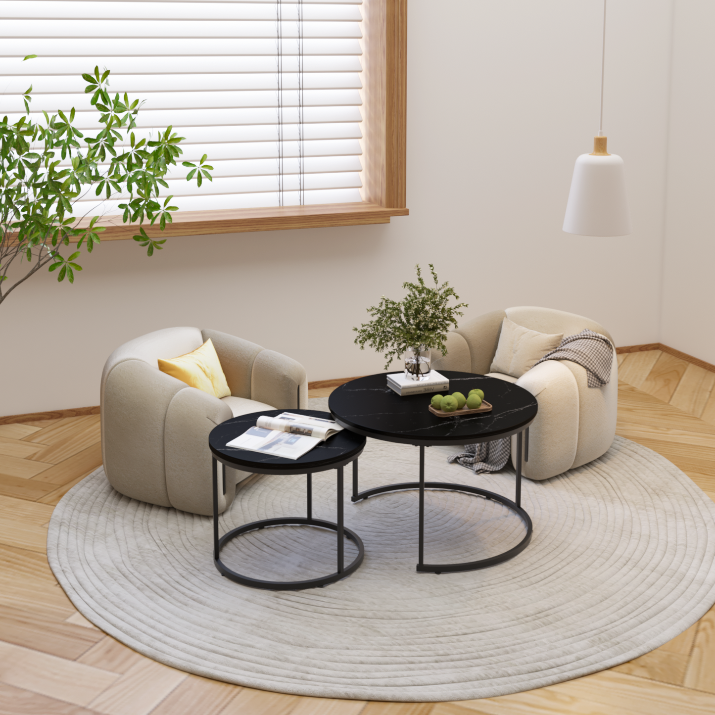 A set of nested coffee tables, 27.6-inch round coffee table, wooden marble patterned tabletop, sturdy metal frame (black) - Korvel