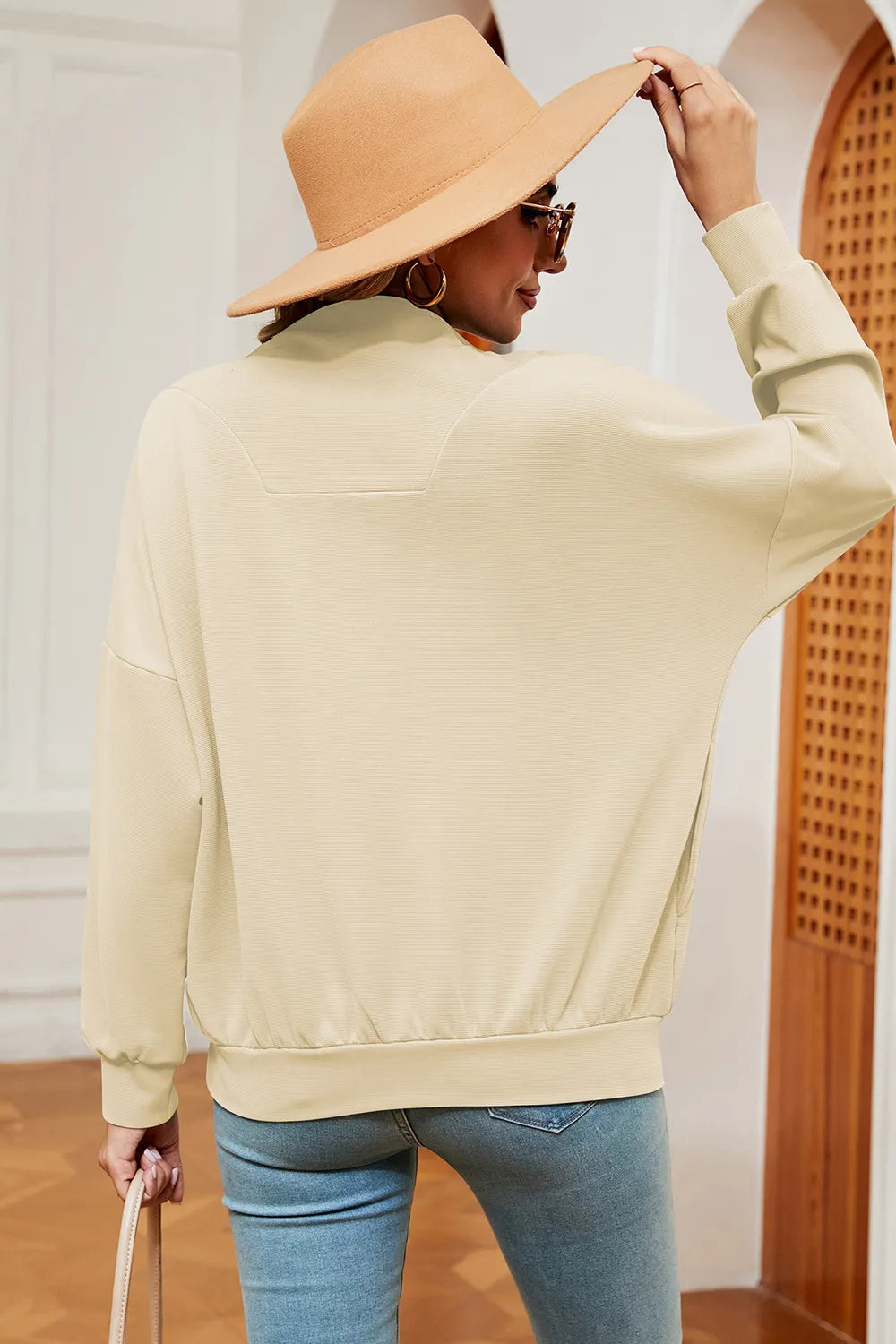Solid Color Zipper Long Sleeve Pullover Sweatshirt for Women