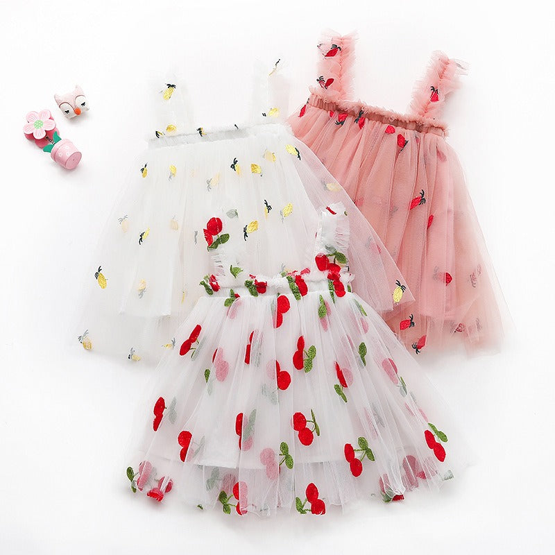 Robe à bretelles en mesh brodé pour filles