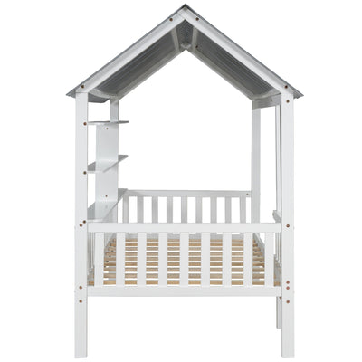 Wood Twin Size House Bed with Roof, Guardrail and Shelves, White - Korvel
