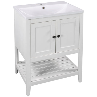 24" White Modern Sleek Bathroom Vanity Elegant Ceramic Sink with Solid Wood Frame Open Style Shelf - Korvel