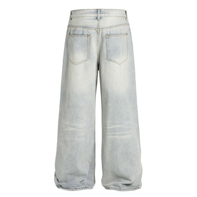 American Cleanfit Washed Denim Long Pants Men's Vintage Street Fashion Loose Straight Leg Distressed Wide Leg Dad Trousers - Korvel