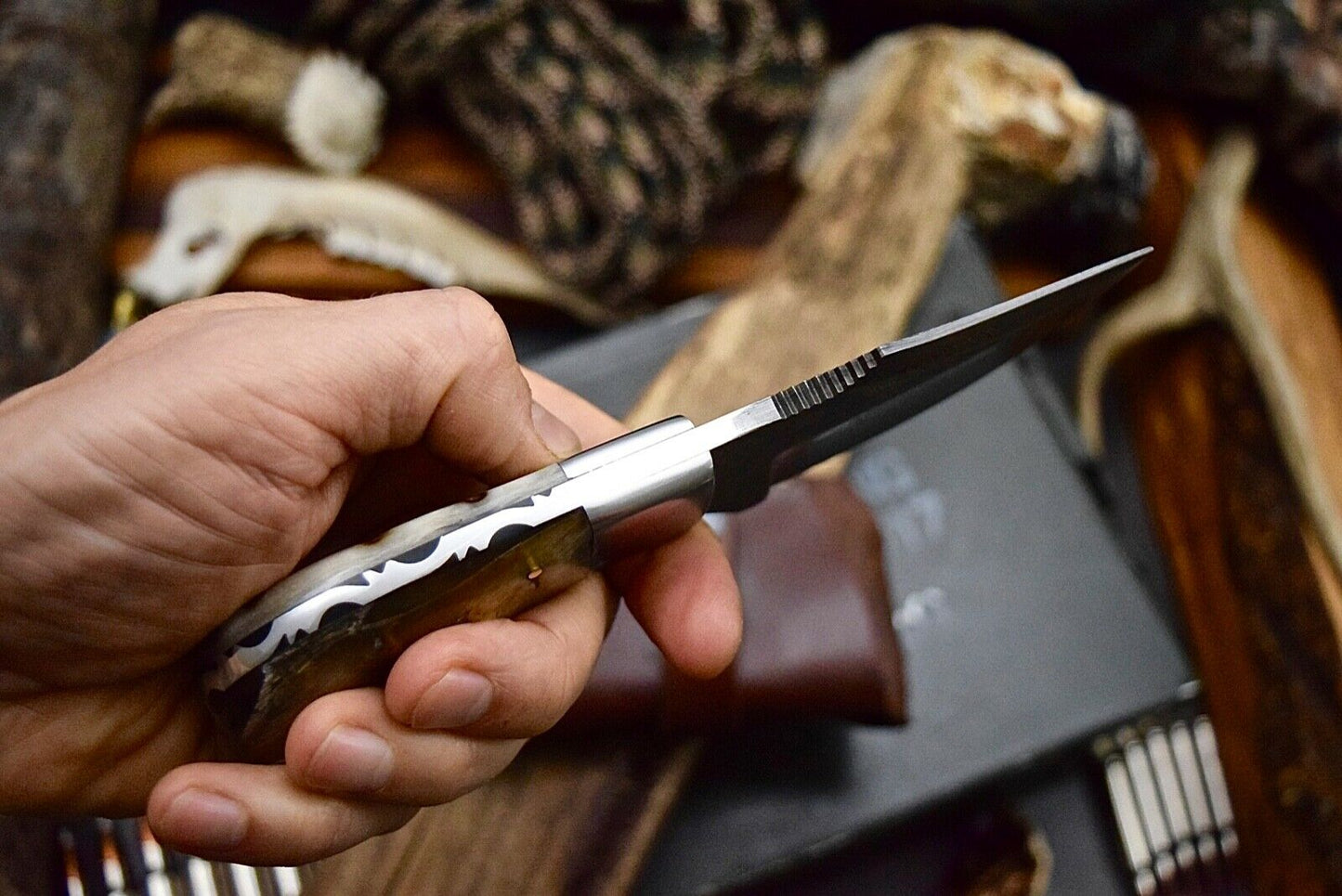 Premium Custom Skinning Knife | Raindrops Damascus Blade & Sheep Horn Handle | 7.2 Inches | Includes Leather Sheath | KBS Knives - Korvel
