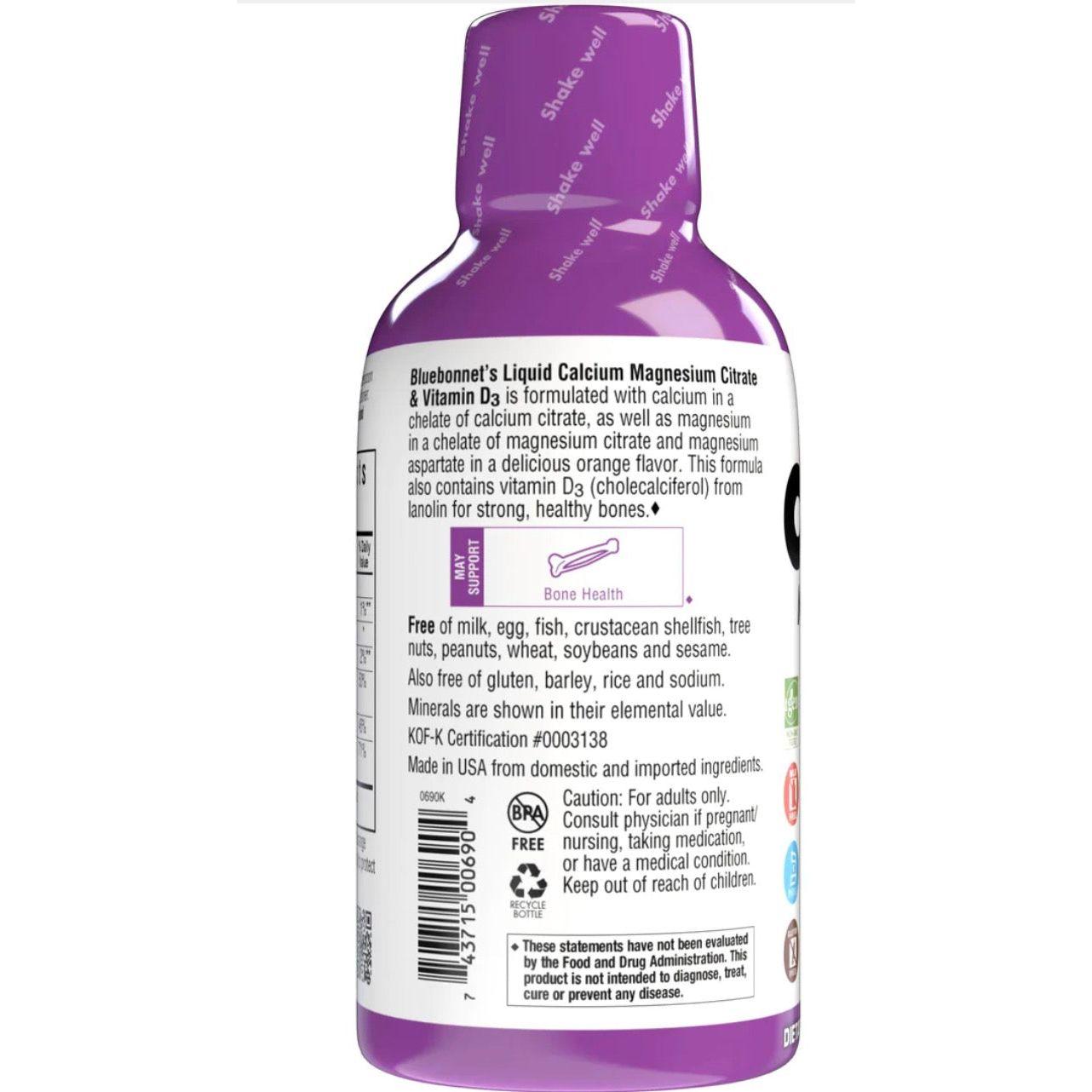 Calcio y Magnesio Líquido Bluebonnet Citrato Plus Vitamina D3, Naranja, 16 oz