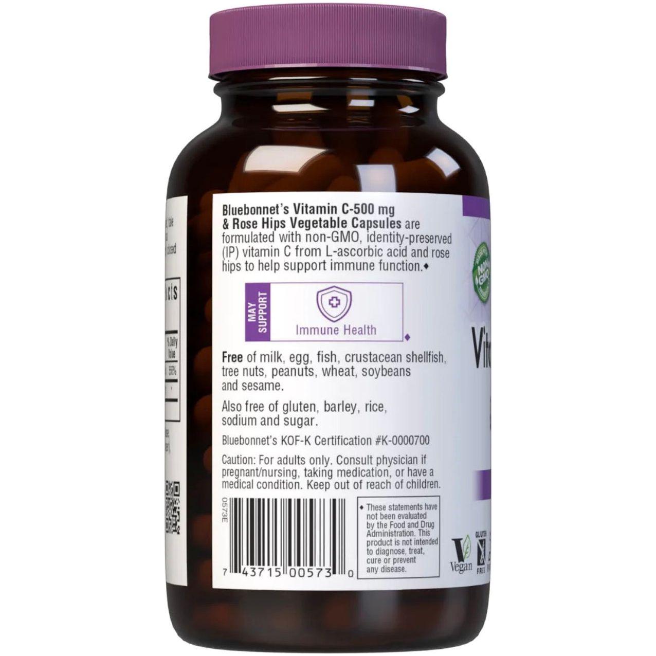 Bluebonnet Vitamine C-500 mg Plus Rose Hips - 180 Capsules Végétales