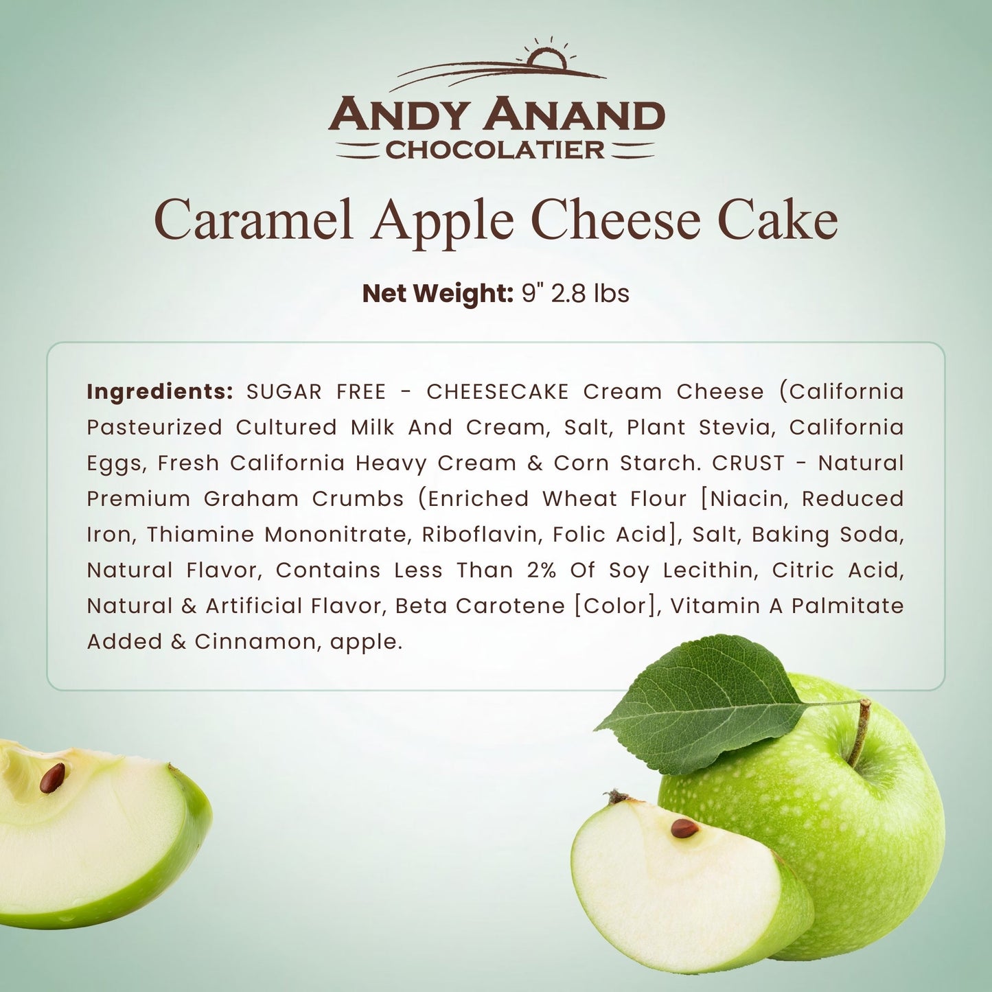 Gâteau au fromage aux pommes caramélisées sans sucre Andy Anand 9" - 2,8 lbs
