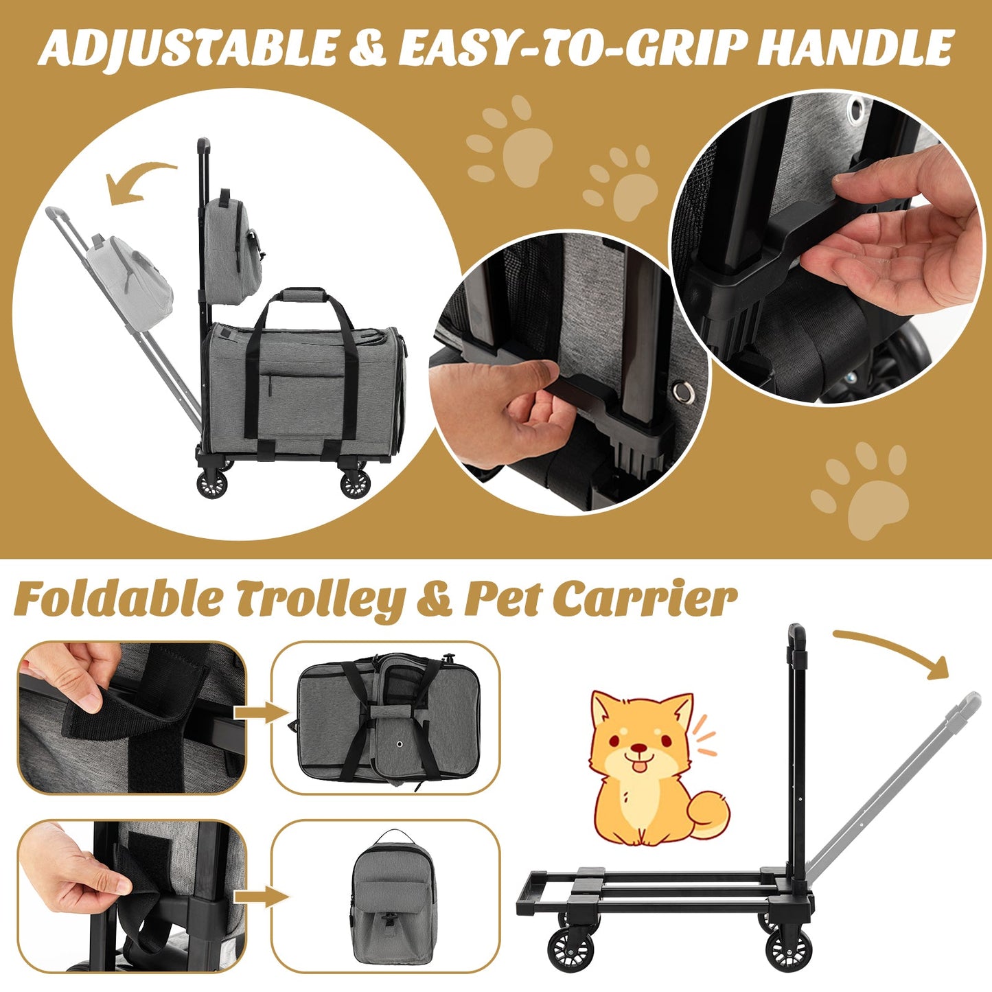 Premium Rolling Cat Carrier with Dual-use Pads - Gray