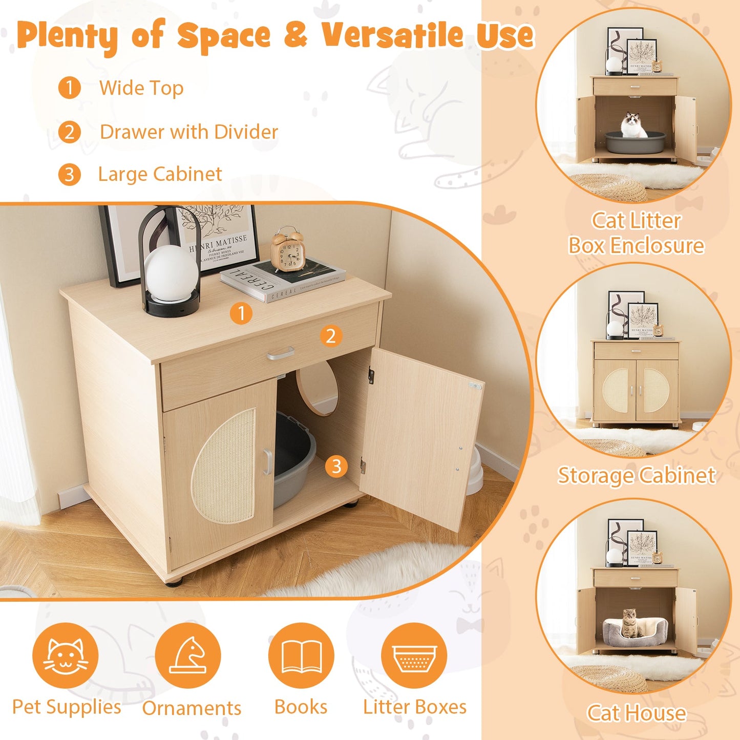 Caja de Arena para Gatos con Puertas de Rascado de Sisal - Natural