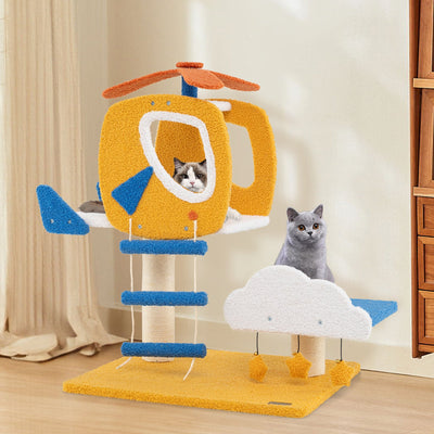 Árbol para gatos de interior con temática de aviación y plataforma en forma de helicóptero - Amarill