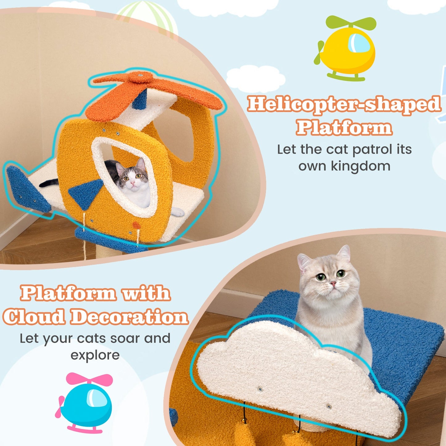 Aviation-themed Indoor Cat Tree with Helicopter Perch - Yellow
