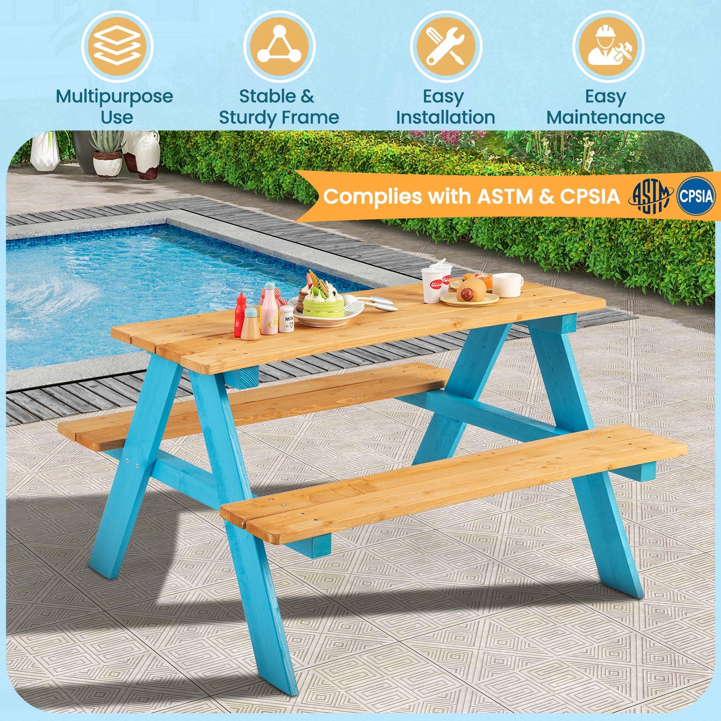 Mesa de Madera para Niños con Bancos para Exterior