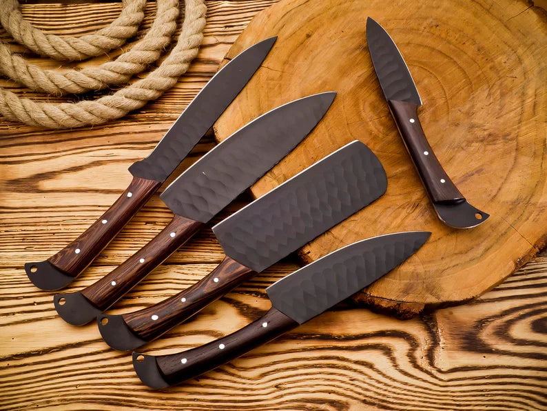 Premium 5-Piece Kitchen Knife Set – Forged Steel Blades with Rosewood Handles & Leather Sheath - Korvel