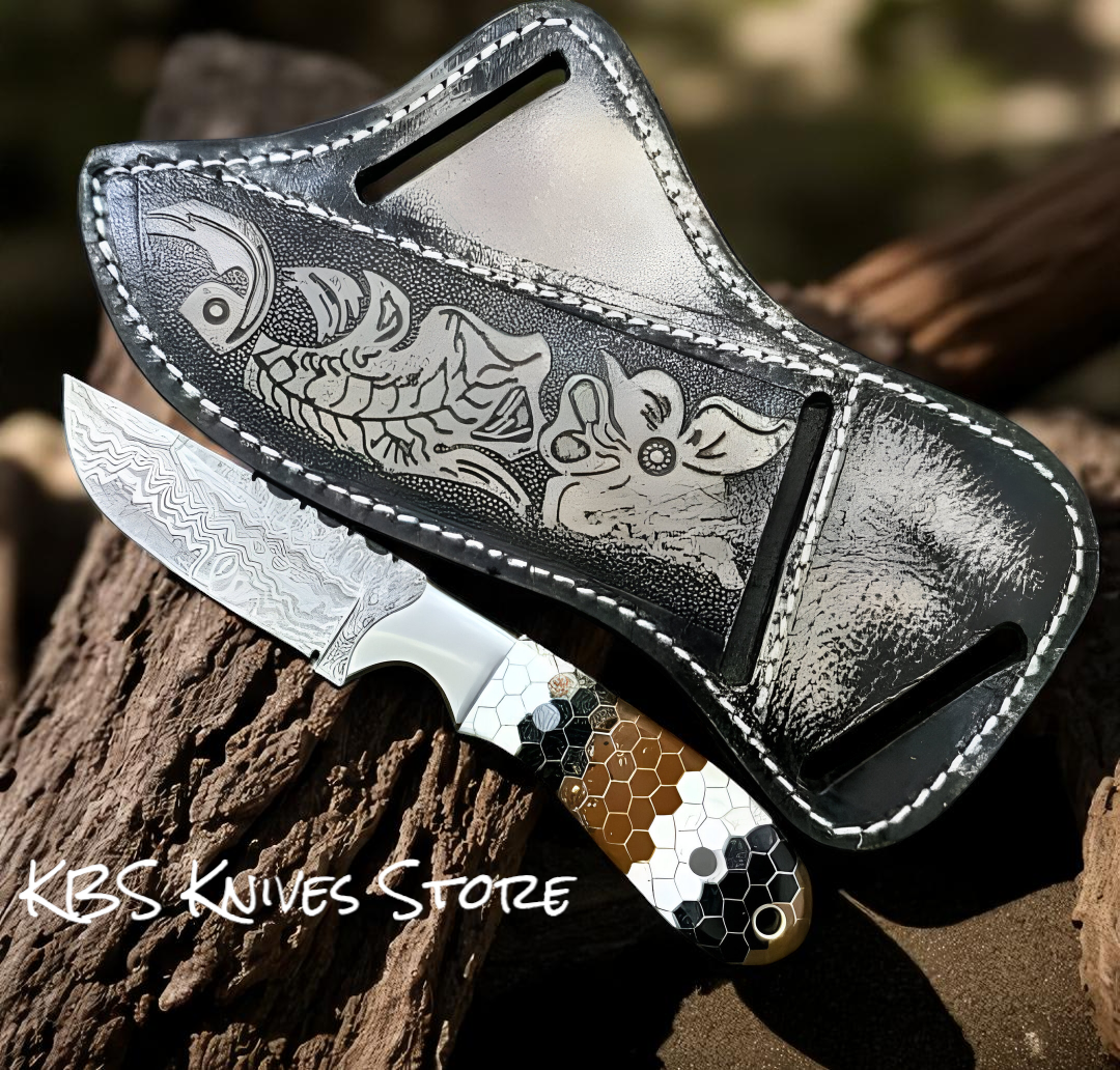 Premium 4.25 Inch Cowboy Knife - Unique Honeycomb Epoxy Handle & Leather Sheath - Korvel
