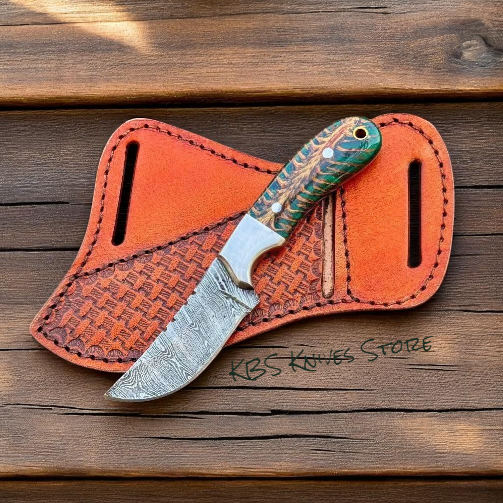 8" Damascus Battle Belt Knife with Green Pine-Cone Handle - Korvel