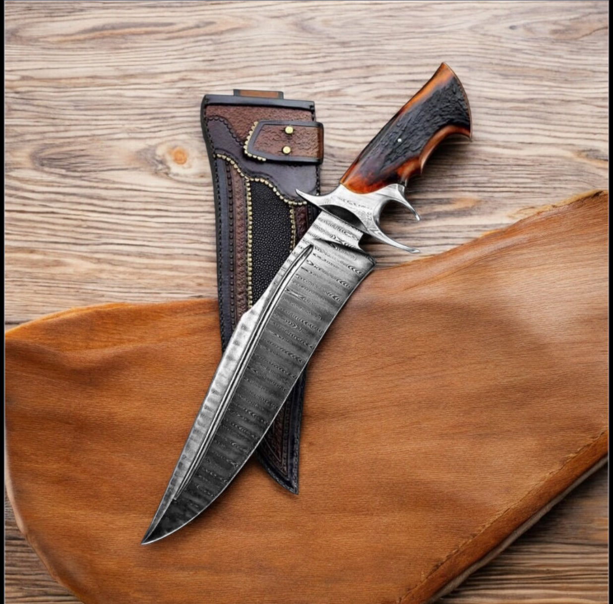 Handcrafted 14" Bowie Knife – Premium Damascus Steel with Stag Horn Grip - Korvel