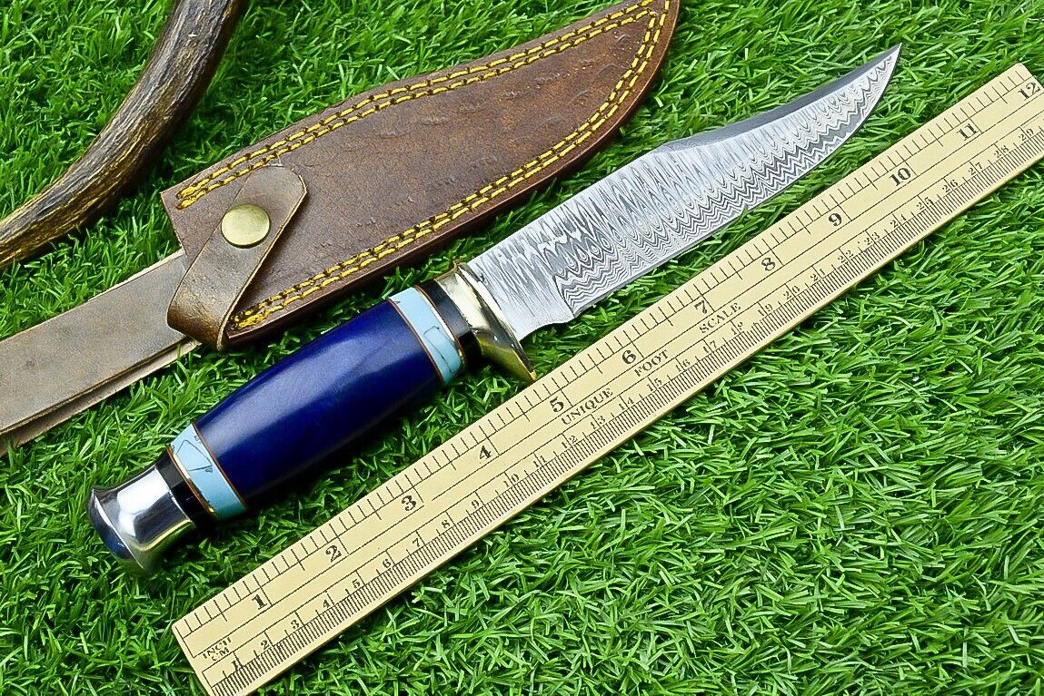 Boulder Colorado Adventure Knife – 11" Handmade Damascus Blade with Epoxy Resin Handle & Leather Sheath - Korvel