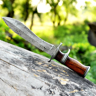 Artisan Crafted 13" Damascus Steel Bowie Knife with Rosewood Grip & Leather Sheath - Korvel