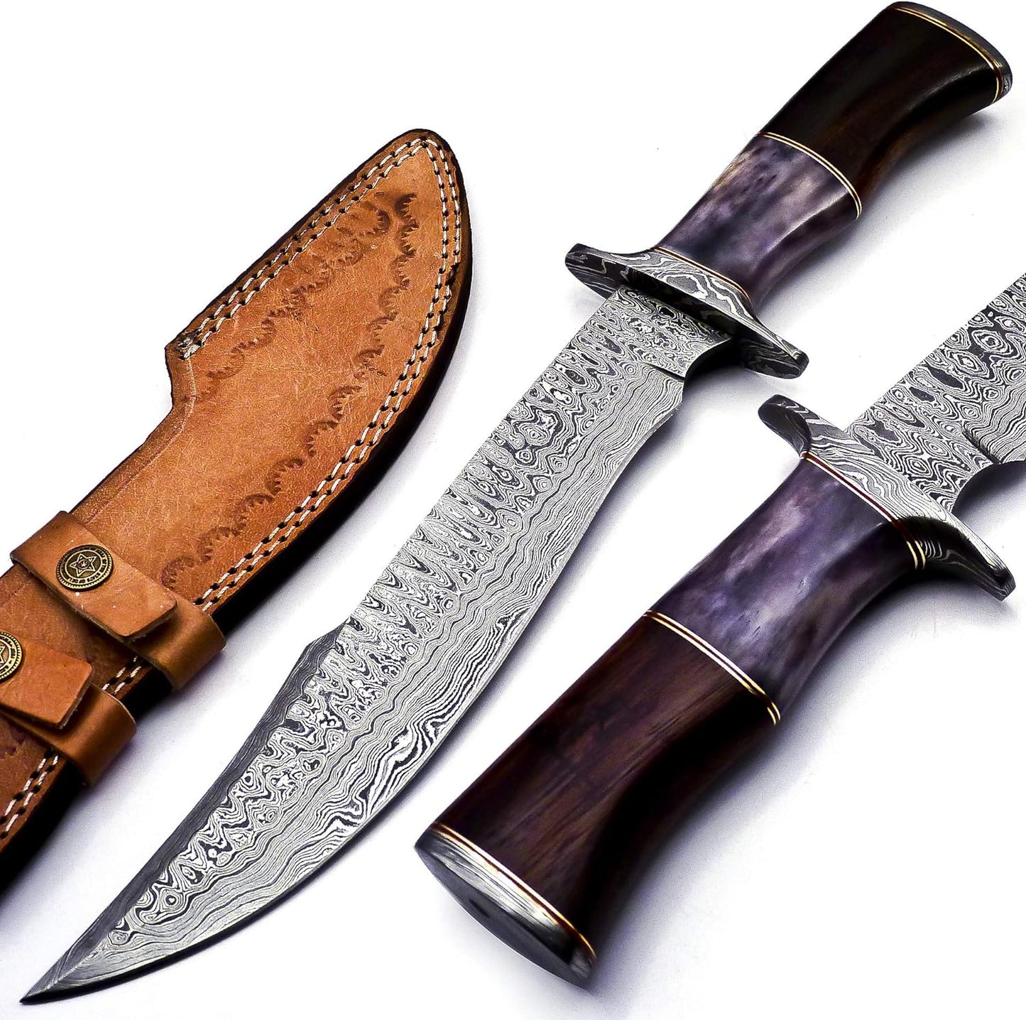 Premium 15" Damascus Steel Bowie Knife with Unique Bone & Horn Handle and Leather Sheath - Korvel