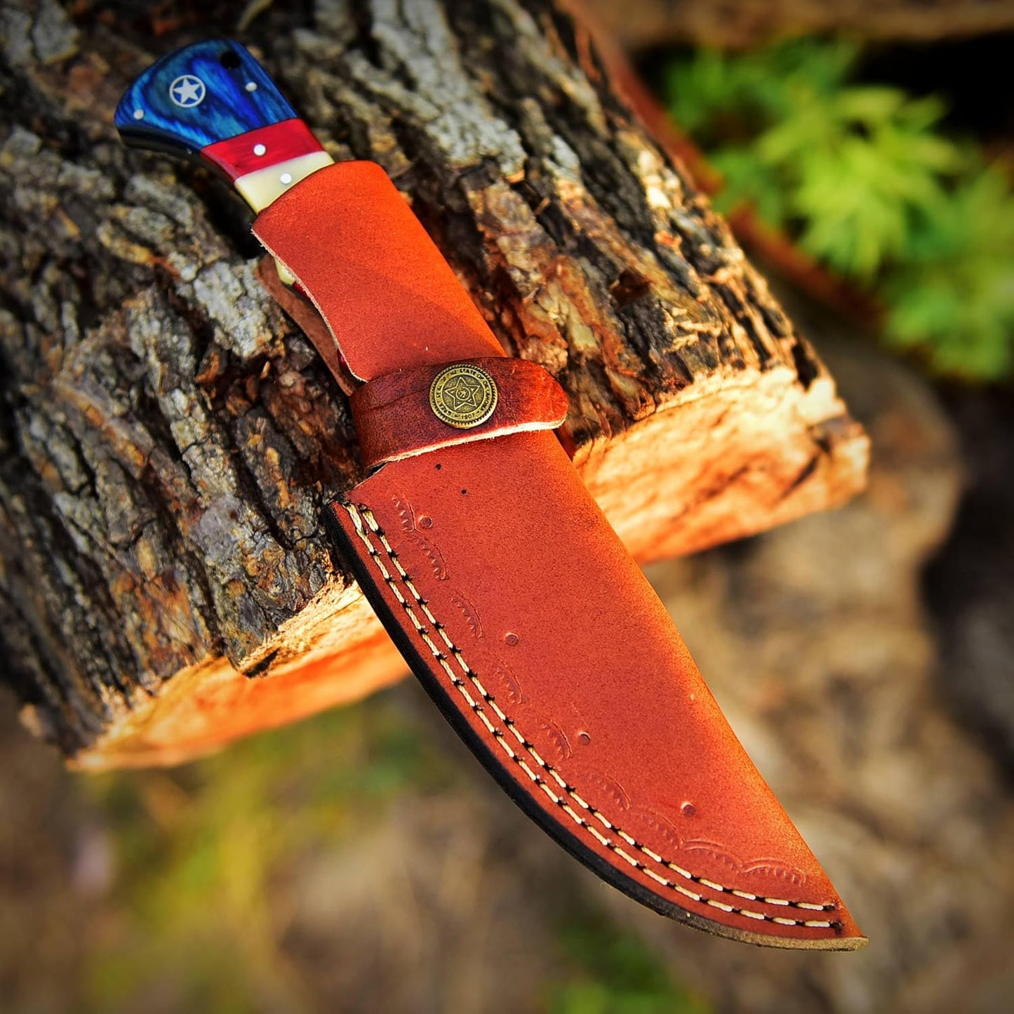 Patriotic Custom Damascus Skinning Knife with American Flag Handle - Korvel