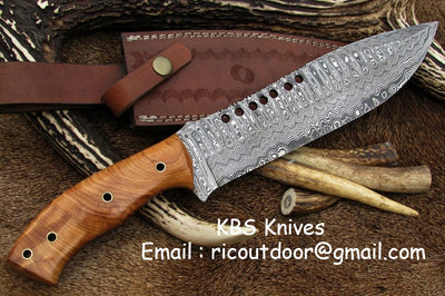 Premium Full Tang Bowie Knife with Artisan Damascus Steel Blade & Elegant Olive Wood Handle - 17 Inches - Korvel