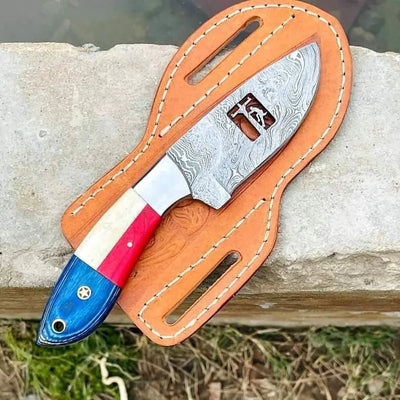 Custom Patriotic Cowboy Knife with USA Flag Handle – 8" Damascus Blade & Leather Sheath - Korvel