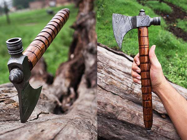 Artisan Crafted Damascus Steel Tomahawk Pipe - Elegant Rosewood Handle - Korvel