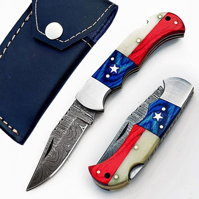 Lone Star Custom 3-Inch Damascus Folding Knife with Bone & Pakka Wood Handle - Korvel