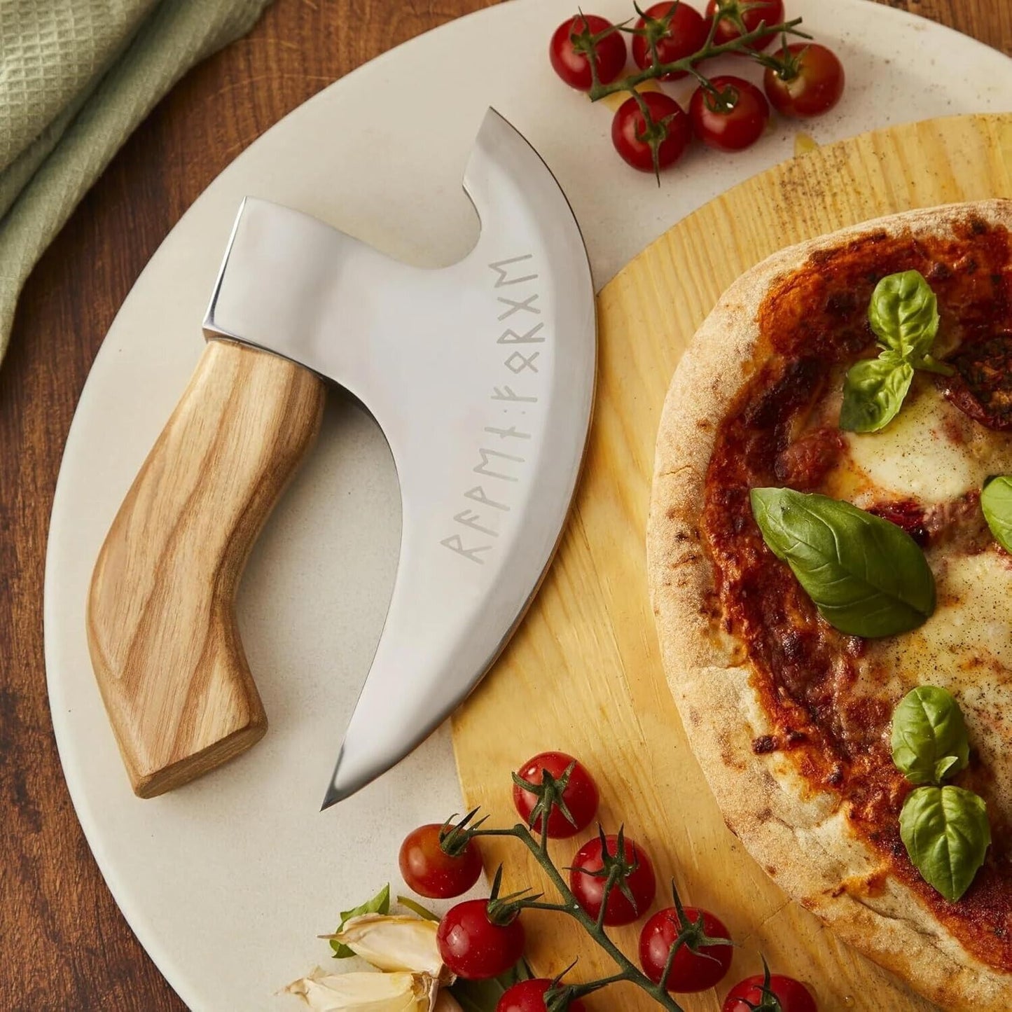 Artisan Ax Pizza Cutter with 8" J2 Steel Blade & Engraved Ash Handle - Korvel