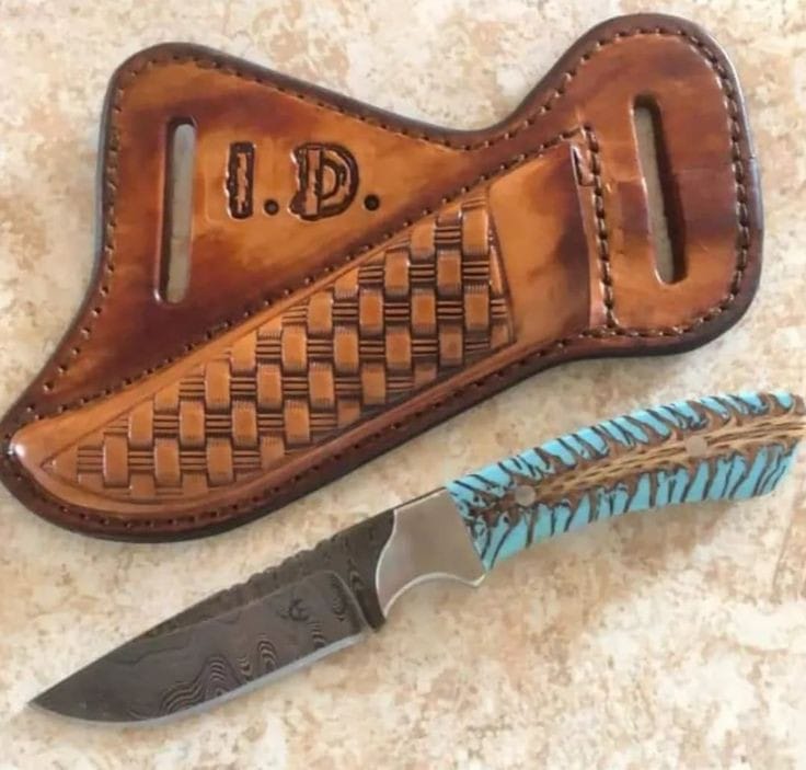 Artisan Crafted Damascus Steel Belt Knife with Resin Grip & Leather Sheath - Korvel