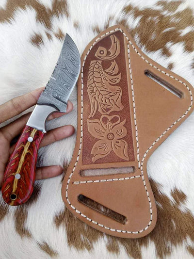 Artisan Crafted Cowboy Knife with Leather Sheath – Damascus Steel & Pine Cone Handle - Korvel