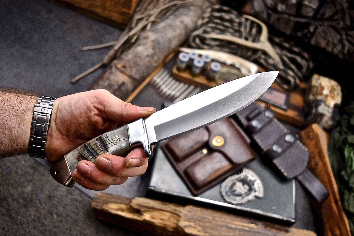 Artisan J2 Steel Skinner Knife with Sheep Horn Handle - Korvel