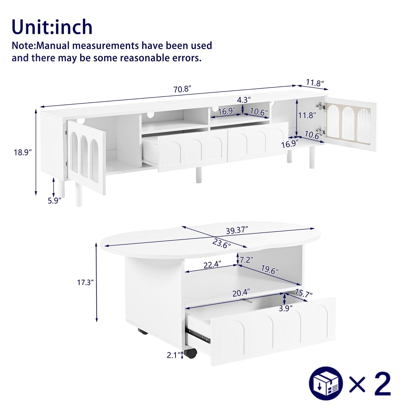 Two sets of ON-TRANS cream style TV stands and coffee tables, suitable for TVs under 80 inches, white - Korvel