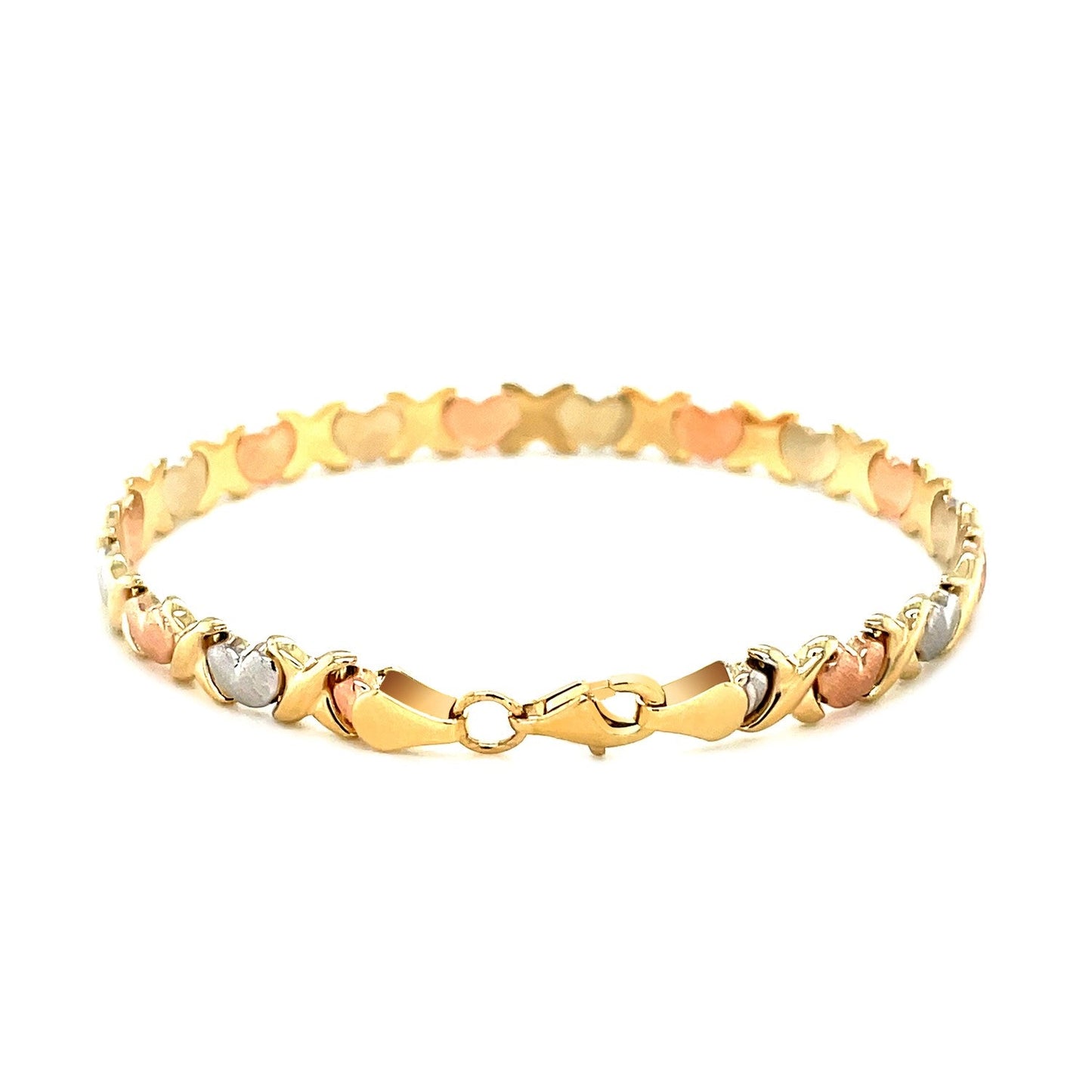 Pulsera de Línea de Corazón de Satén Fancy de Oro Tricolor de 14k