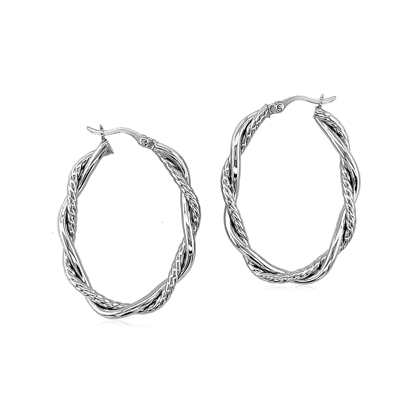 Pendientes de Aro Ovalados de Plata de Ley con Corte de Diamante Trenzado
