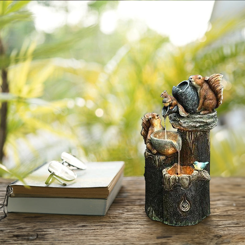 Solar resin duck garden fountain with LED squirrel design, outdoor decor (E2). - Korvel