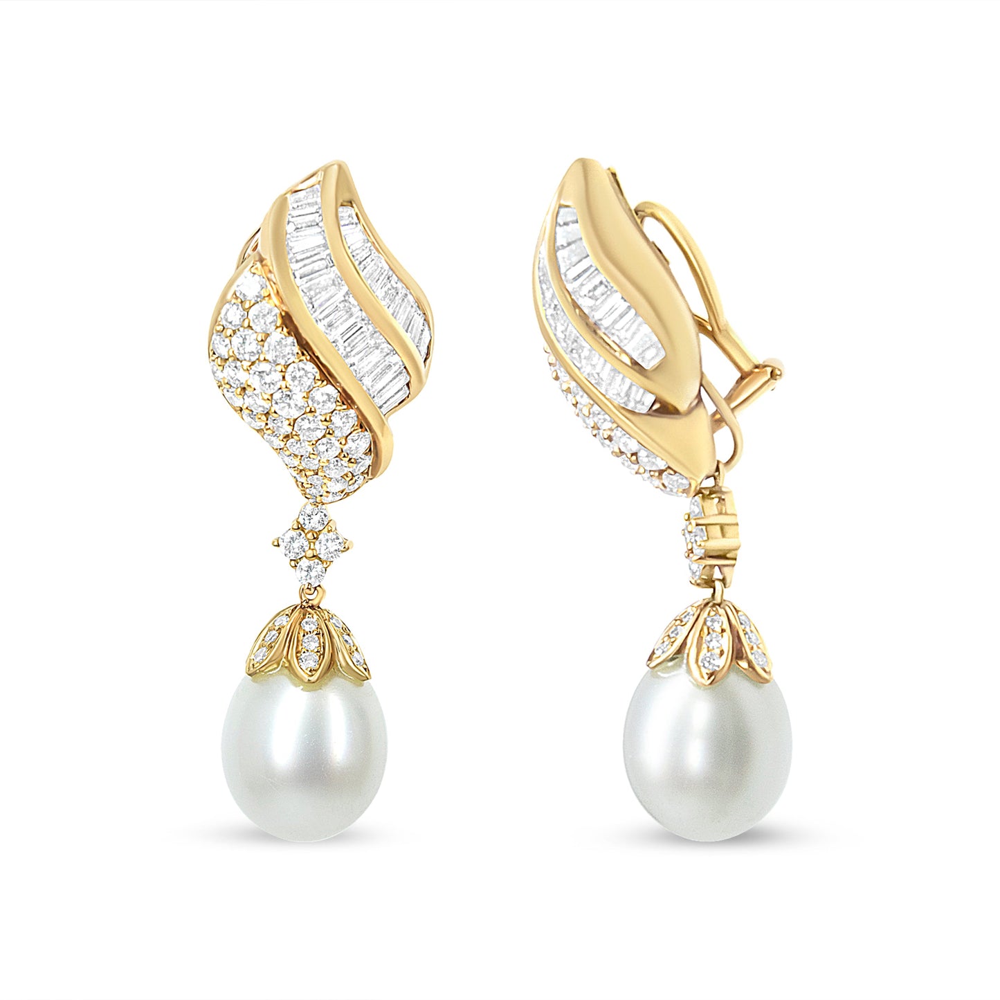 18k Yellow Gold Diamond & South Sea Pearl Drop Earrings
