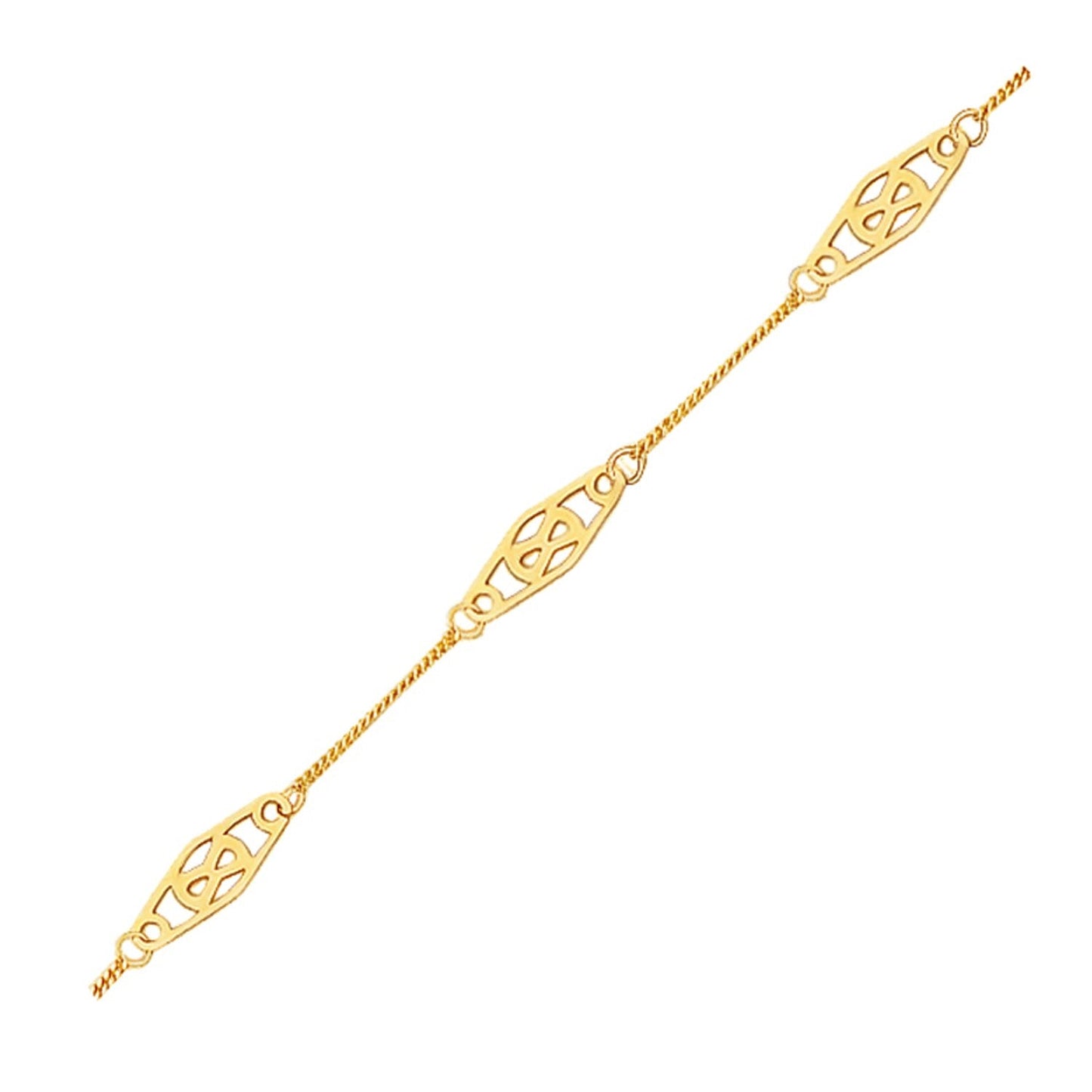 14k Yellow Gold Anklet with Filigree Diamond Shape Stations