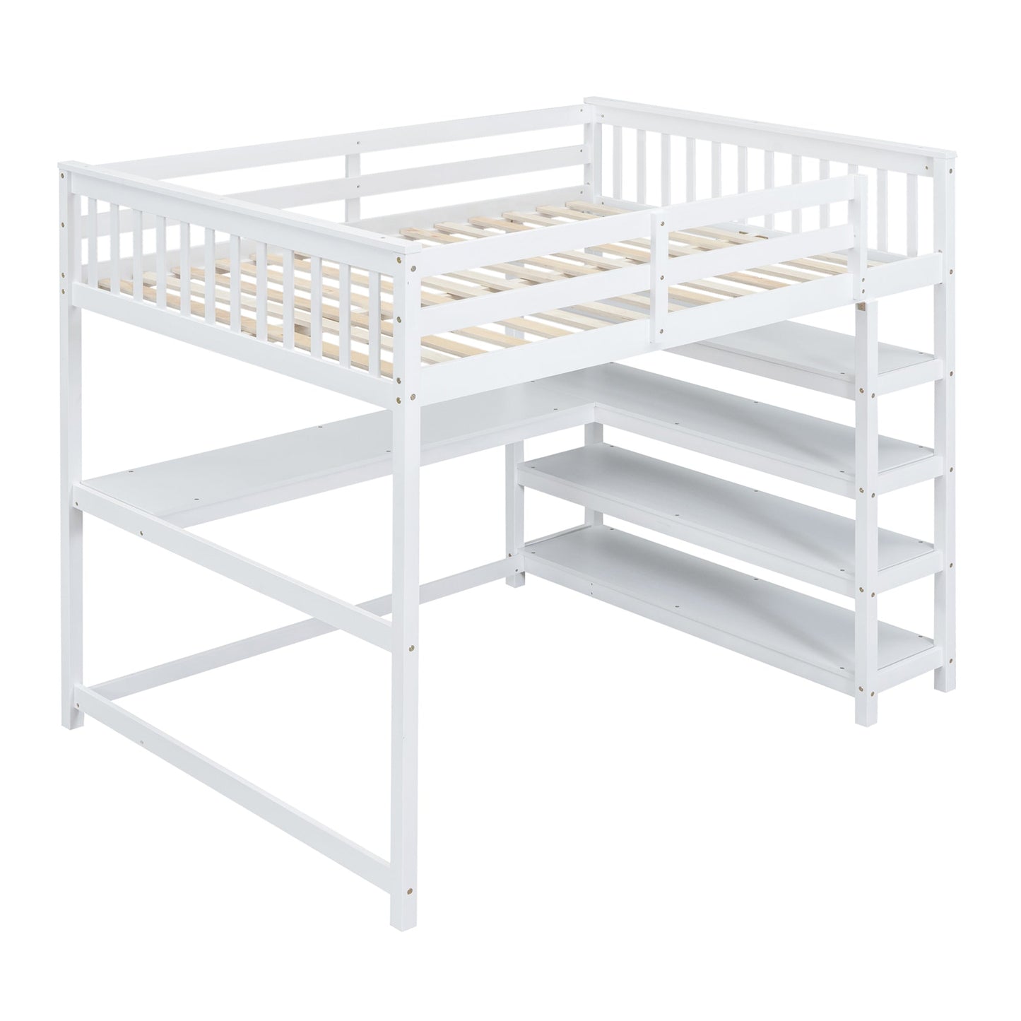 Full Size Loft Bed with Storage Shelves and Under-bed Desk White - Korvel