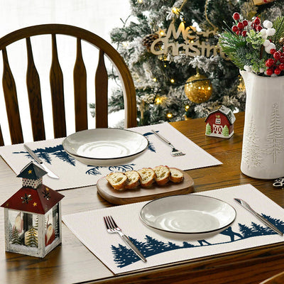 Reindeer Print Christmas Placemats - Insulated Linen Coasters