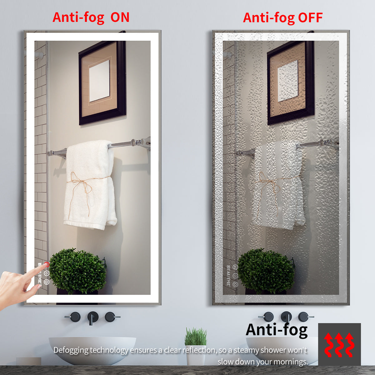 48x24 inch LED bathroom makeup mirror wall mounted adjustable light anti fog touch switch with memory intelligent large bathroom - Korvel