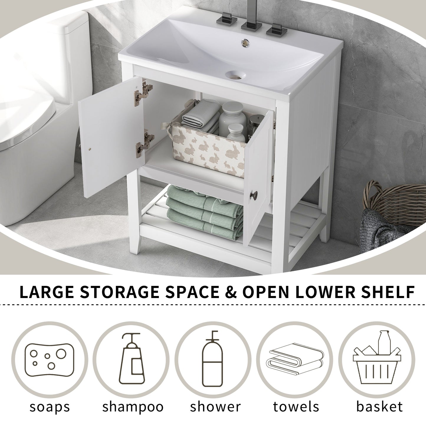 24" Bathroom Vanity Base Only, Soild Wood Frame, Bathroom Storage Cabinet with Doors and Open Shelf, White - Korvel