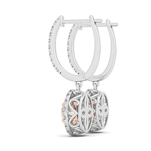 Boucles d'oreilles en diamant suspendues en or blanc et rose 14k avec design halo