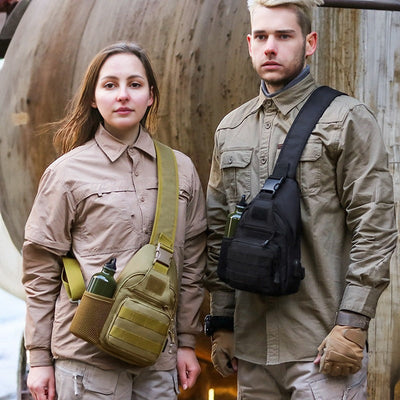 Tactical crossbody sling backpack. Has water bottle holder, MOLLE system, USB charging port. Ideal for travel and walks. Cp Camo - Korvel