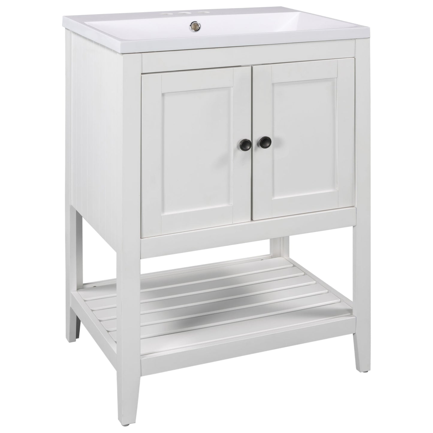 24" White Modern Sleek Bathroom Vanity Elegant Ceramic Sink with Solid Wood Frame Open Style Shelf - Korvel