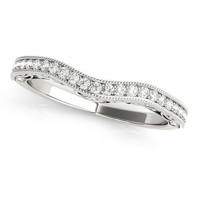 14k White Gold Milgrained Pave Set Curved Diamond Wedding Band