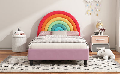 Rainbow Design Upholstered Twin Platform Bed Cute Style Princess Bed for Boys & Girls, Teens, Colorful & Pink - Korvel