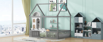 Full Size Wood House Bed with Fence and Door, Gray - Korvel